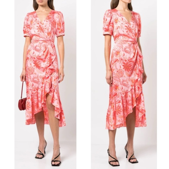 CINQ A SEPT Kay Faux Wrap Floral Print Short Flutter Sleeve MIDI Cocktail Dress - Picture 5 of 15